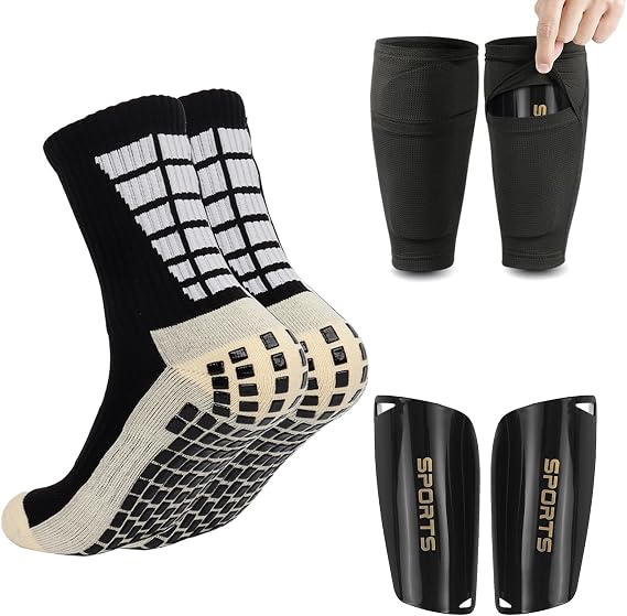 Soccer Socks with Shin Guard for Men, 1 Pairs Mens Grip Soccer Socks and 1 Pairs Shin Sleeves with Shin Guards, Footaball Equipment Shin Sleeves with Pads for Adults