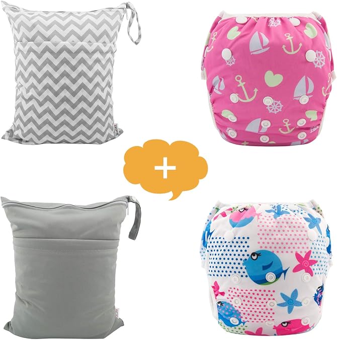 ALVABABY 2pcs Swim Diapers and 2pcs Cloth Diaper Wet Dry Bags