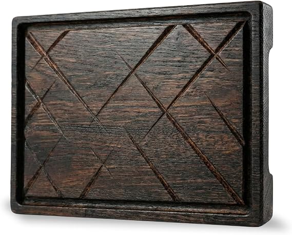 TESLYAR Wooden Steak Board & Plate - Steak Serving Platter, 11.8 x 7.9 in | Serves 1, fits a single portion or snacks. Juice groove for cutting meat, ribs. Charred wood with food-safe oil finish