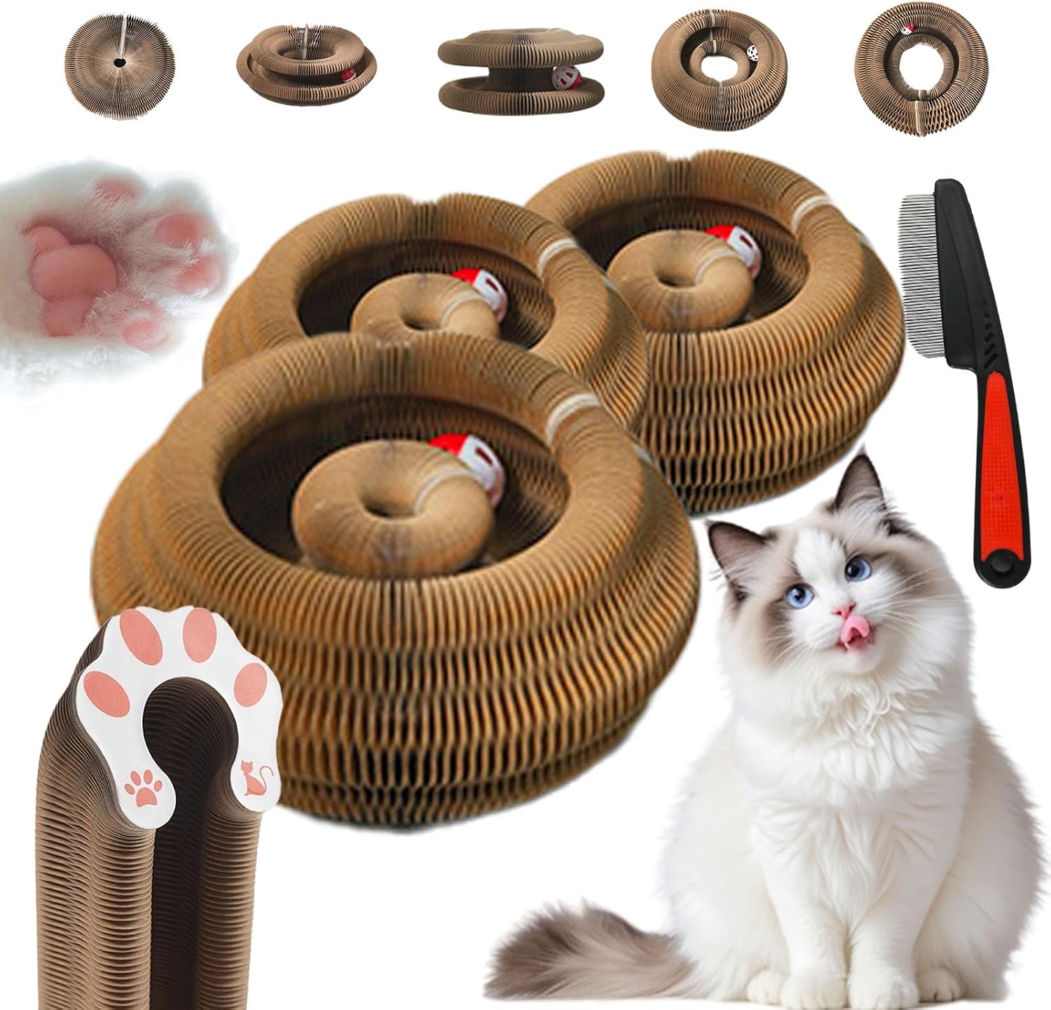 Twisty Paws Cat Toy,Kitty Curls Cat Scratcher,Flexible Curls Cat Scratcher to Indoor Cats,Foldable Cat Accordion Magic Organ Cats Scratch Board Toy with Bell Balls & Track Adventure 3pcs