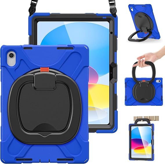 BRAECN Case for iPad (A16) 11th/10th Generation - 11/10.9 inch 2025/2022 | Shockproof Silicone Cover, Screen Protector, Swivel Ring Stand, Handle Grip, Stable Kickstand, Shoulder Strap for Kids, Blue
