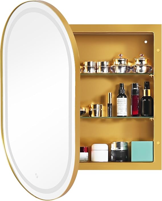 soges LED Medicine Cabinet Lighted Bathroom Mirror, 34x20 Oval Recessed Medicine Cabinet with Beveled Edge Mirror for Bathroom, Wall Mounted Mirror Cabinet with 2 Storage Shelves, Gold