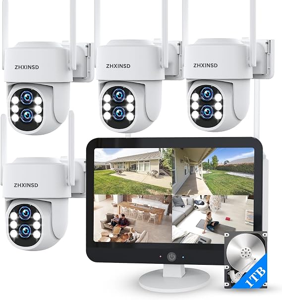 Security Camera System Outdoor Wireless for Home, ZHXINSD Dual Lens 6MP 10X Hybrid Zoom 360 Auto-Track 4 Cameras Set with 12.5" Monitor, 2.4/5G 10CH 4K NVR 24/7 Record Two-Way Audio Indoor 1TB HDD