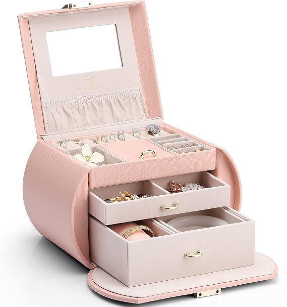 VLANDO 3-Layer Princess Jewelry Box for Girls With Mirror For Girls,Pink