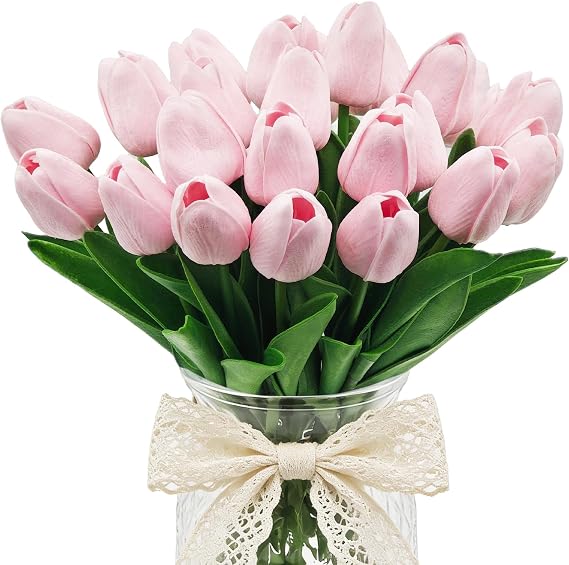25Pcs Artificial Tulips, Real Touch Faux Tulips Artificial Flowers (Pink)