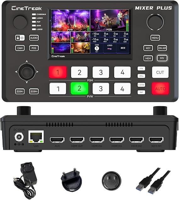Mixer Plus Compact Video Switcher 4 HDMI with 4''Built-in Screen, Portable Live Streaming Switcher for Multi-Camera, Online Class, Event, YouTube, OBS, Zoom