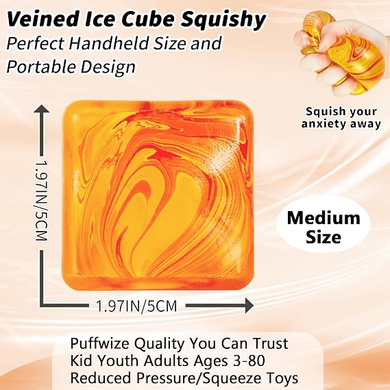 Ice Cube Squishy Fidget Toy Purple Stress Ball Squeeze Toys Stress 5cm(1.97") Veined Ice Cube Squishy Fidget Sensory Toys Kids Youth Adult Puffwize (Orange)