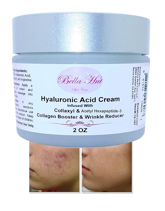 Bellahut 100% Hyaluronic Acid Cream (2 OZ, 16 OZ) Infused With Hexapeptide-9 & Acetyl hexapeptide-3 | Helps to Boost Collagen, Reduce Wrinkle Depth & Length & Fade Acne Scars | MADE IN USA (2 Ounce)