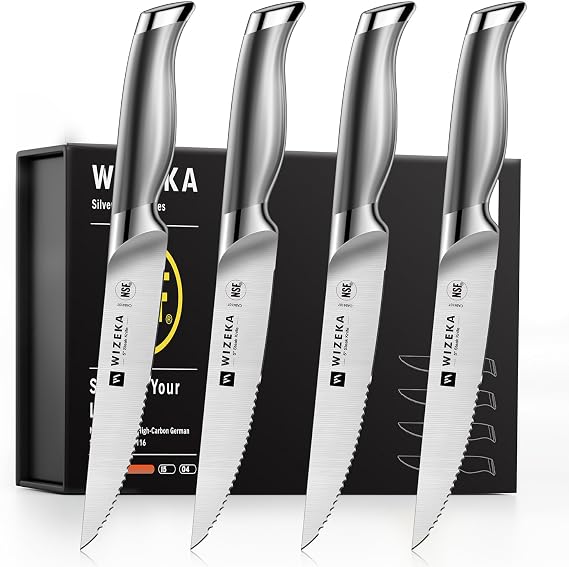 WIZEKA 5 Inch Half Serrated Edge Steak Knife Set of 4, Razor Sharp