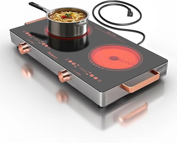 2 Burner Electric Cooktop 24 Inch, 110 Volt Kitchen Stove, 2000W Plug In | Ceramic Cooktop with Touch & Knob Control, Safety Lock, 9 Heating Levels, 240Mins Timer, Overheat Protection (Red), Nefaracy