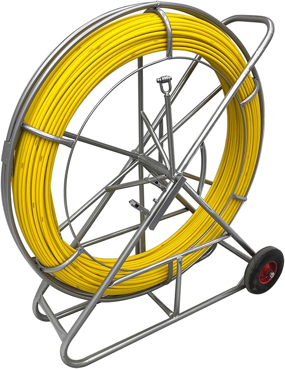 INTBUYING Fiberglass Fish Tape, Duct Rodder Puller with Steel Stand, Brake, Non-Conductive Fishtape Wire Cable Running Rod for Walls, Floor and Electrical Conduit (10mm/0.39in, 492ft/150m Length)