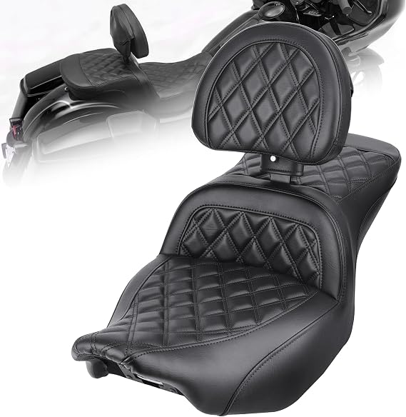 Gel Motorcycle Seat with Adjustable Driver Backrest for Harley Touring 2024-2025 Road Glide Street Glide CVO, 2-Up Seat with Cooling Gel, PU Leather (Black Rhombus)