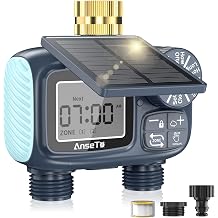 Solar Powered Sprinkler Timer for Outdoor,Brass Inlet Release Water Timer for Garden Irrigation Hose Timers Dual Outlet with Rain Delay and Manual Irrigation for Garden,Lawn