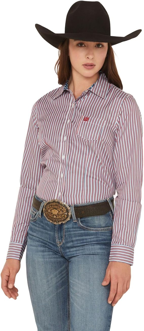 Cinch Women's Red and Blue Stripe Tencel Button Shirt