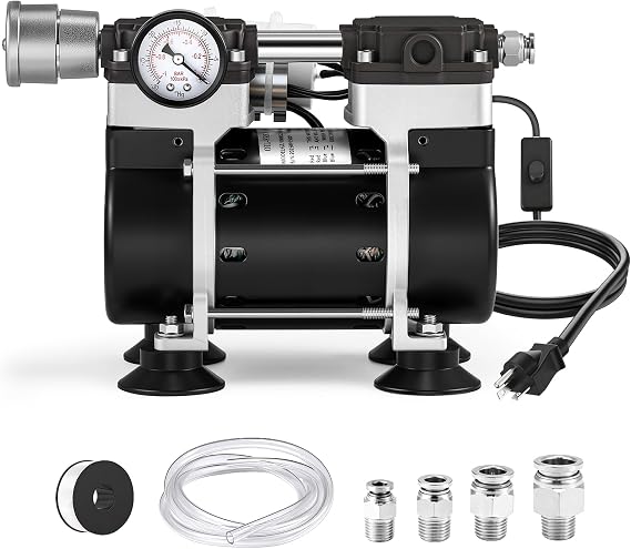 Oilless Vacuum Pump 50 LMin with Power Switch 110V Lab Vacuum Pump with Vacuum Meter, Aluminum Silencer and 4 Stainless Steel Connectors for Laboratory Woodworking
