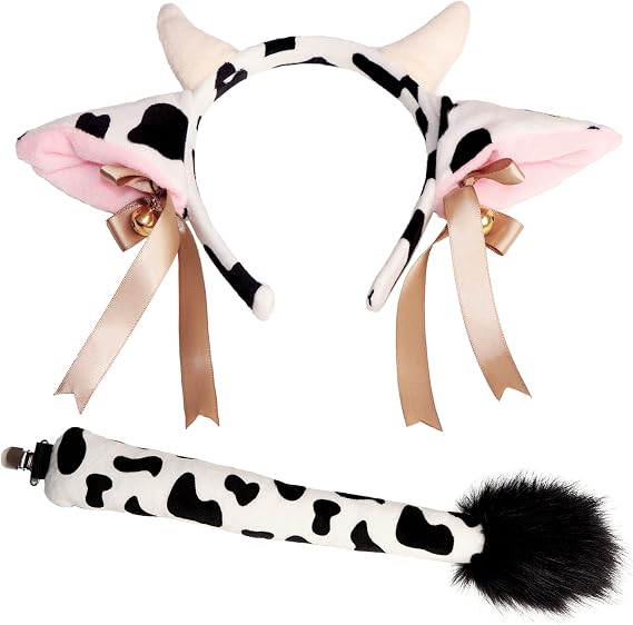 Tequise Cow Ear Headband and Tail Set - Animal Themed Costume Accessories - Soft Velvet Cow Horns Headband and Bendable Wire Tail for Cosplay Parties, Halloween, and More