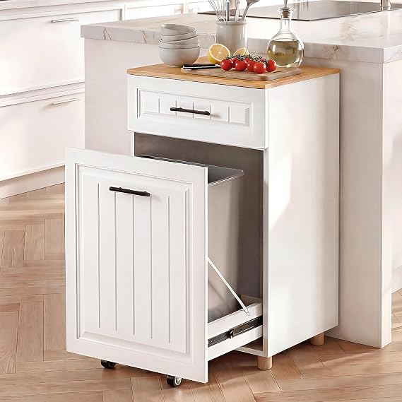 ZIFTY 13 Gallon Pull Out Trash Can Cabinet, Pet Proof Freestanding Kitchen Trash Bin Cabinet with Hideaway Drawer, Wooden Garbage Recycling & Laundry Hamper for Kitchen, Laundry, Living Room, White