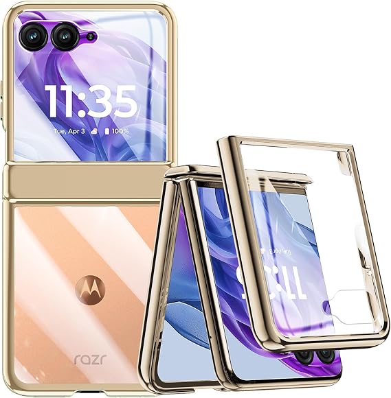 Transparent Case for Motorola Razr 50 Ultra with Built-in Screen Protector & Hinge Protection, Luxury Crystal Clear Hard PC Plating Slim Shockproof Cover for Motorola Razr+ 2024 (Gold)