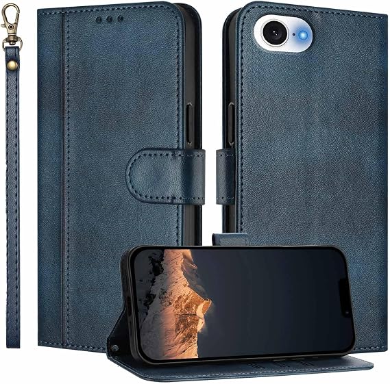 for iPhone 16e Wallet Case Card Holder & Wrist Strap Blue