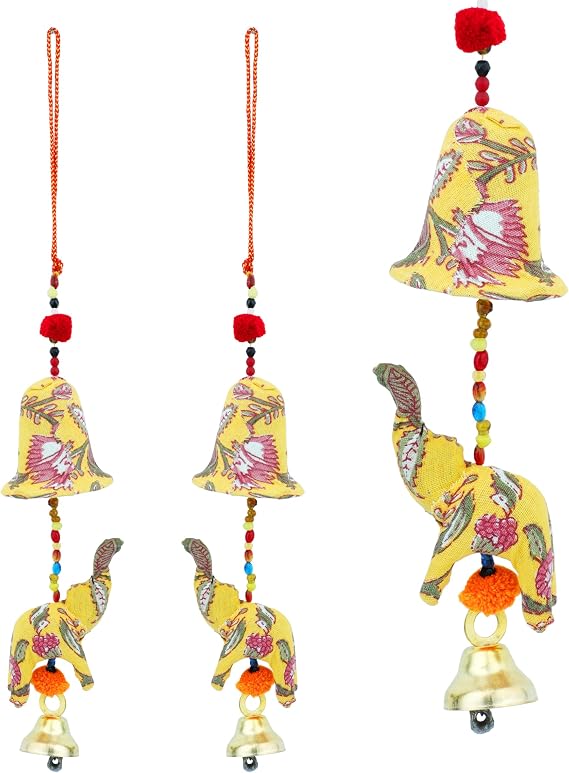 Set of 2 Door Hanging Elephant String Metal Bell Hangings Home Decor(10") | Door Hanging Handmade Fabric Elephant Home Decor Wall Decor Boho Indoor Outdoor Entryway for Indian Traditional Festival Gift