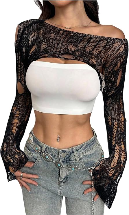 WDIRARA Women's Off Shoulder Crochet Distressed Hollow Out Long Sleeve Bolero Shrug Pullover Crop Top