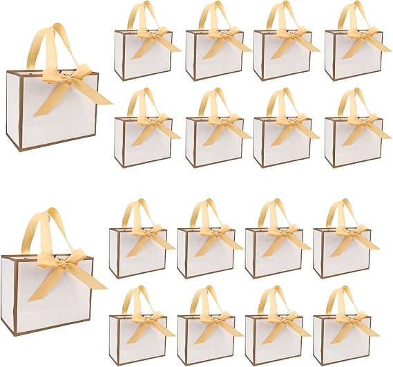 TKSBAG 50 PCS Small White Gold Gift Bags with Bow Ribbon - 6.4x3.1x5.1 Inch Thank You Bags with Handles, Bulk for Baby Shower, Bridal Shower, Wedding, Party Favors, Fathers' Day