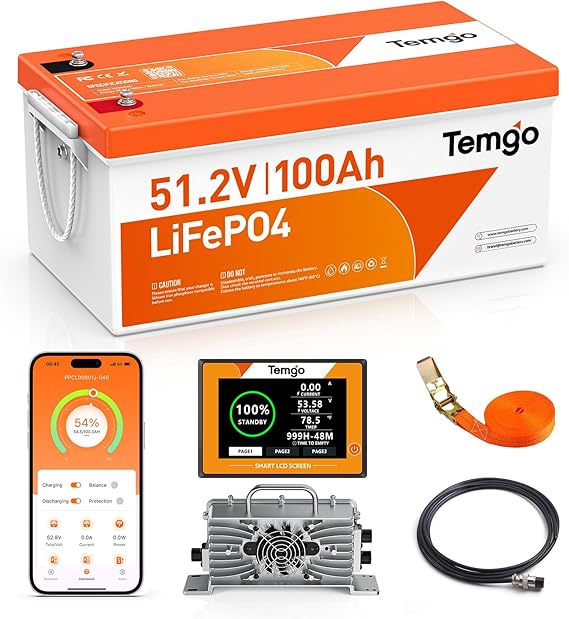 TEMGO 48V (51.2V) 100Ah LiFePO4 Lithium Golf Cart Battery | 200A Smart BMS, Max 10.24kW Output, Bluetooth APP, LCD Screen, 58.4V 18A Charger