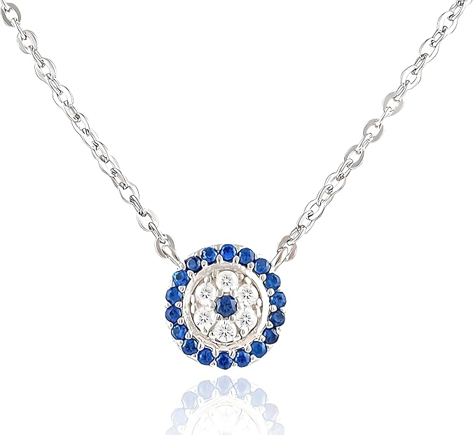 Sterling Silver Evil Eye Necklace Blue CZ Protection Pendant for Women