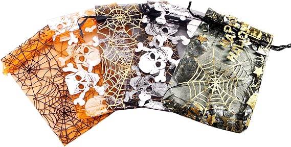HGJST 50 PcsHalloween Candy Gift Bag, Halloween Transparent Net Bag, Spider Web and Skull Printed Halloween Party Gift Bag (4 x 6 inches)