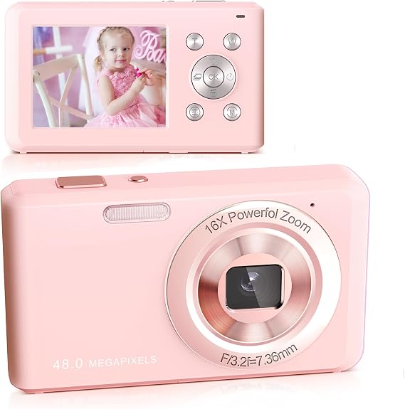 Digital Camera, HD 1080P Compact Camera with 32GB Memory Card, 48 Megapixel Camera, 2.4-inch LCD 16x Digital Zoom Digital Camera for Kids, Girls, Teens, Boys and Beginners(Pink)