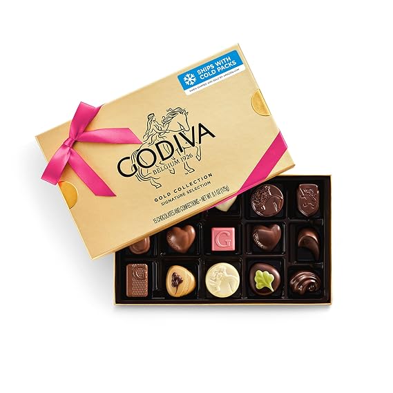 Godiva Gold Assorted Belgian Chocolate Gift Box, Azalea Ribbon, 15 Pc | Belgian dark, milk & white chocolate, Pralines, ganaches & caramels, Kosher, Gold box, Azalea pink ribbon, Great for gifting
