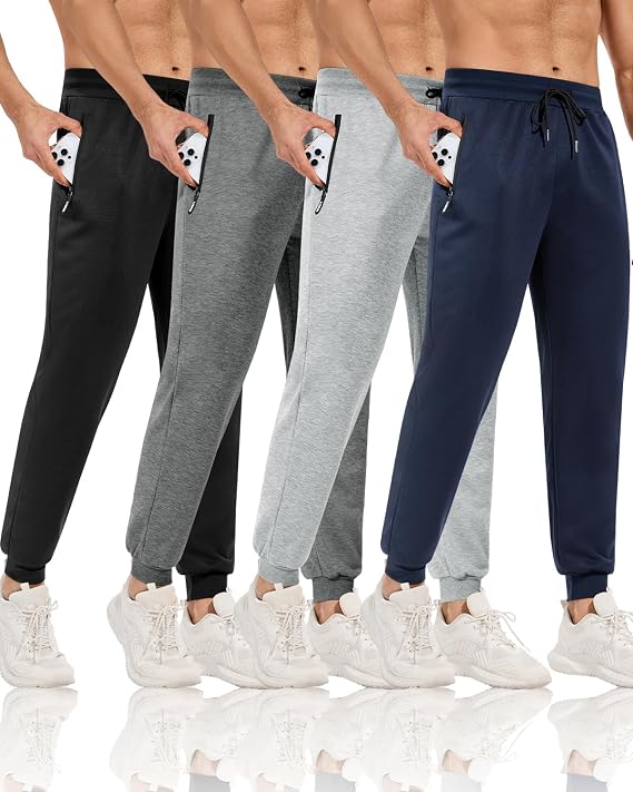 3-4 Pack Men's Athletic Joggers Sweatpants with Zipper Pockets Athletic Pants for Men Running,Workout, Soccer