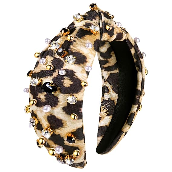 NVENF Leopard Headband for Women Rhinestone Pearl Knotted Headband Beaded Embellished Cheetah Hairband Boho Printed Wide Top Knot Hairband Fashion Hair Accessories (Leopard 2)