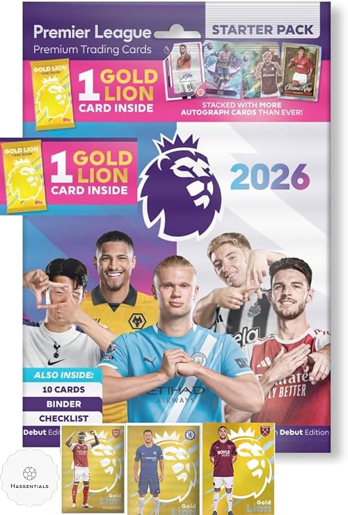 Premier League 2026 Starter Pack - New Soccer Cards 2025-2026 Bundle Includes a Special Lion Card, Pack of Soccer Cards and Guide with Hassential Sticker