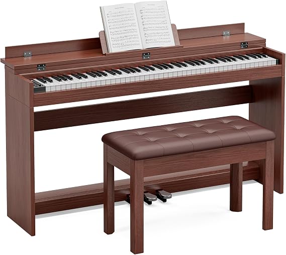 88 Key Full Size Weighted Digital Piano Keyboard,Triple Pedal& Dust Cover Design,Hammer Action Electric Piano Includes Duet Piano Bench,Brown