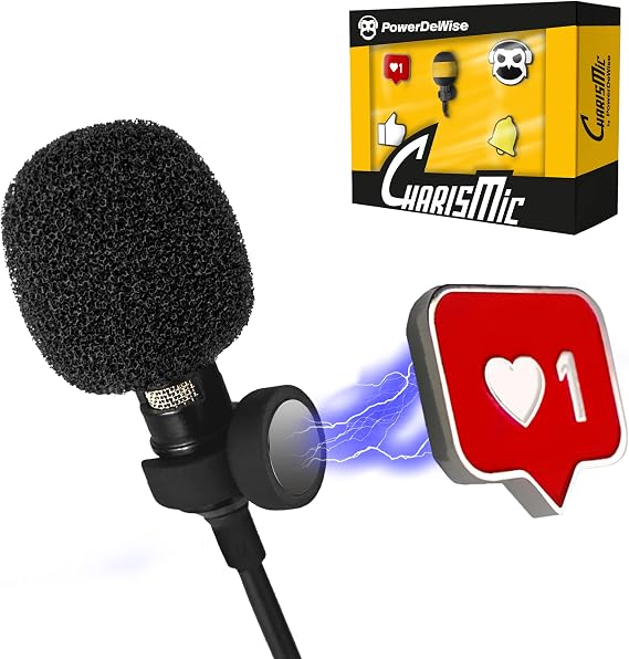 PowerDeWise CharisMic - Lavalier Clip On Microphone with Magnetic Mount and Badges for Camera or Phone - Small Lapel Mic use for Video Recording 3.5mm Noise Cancelling...