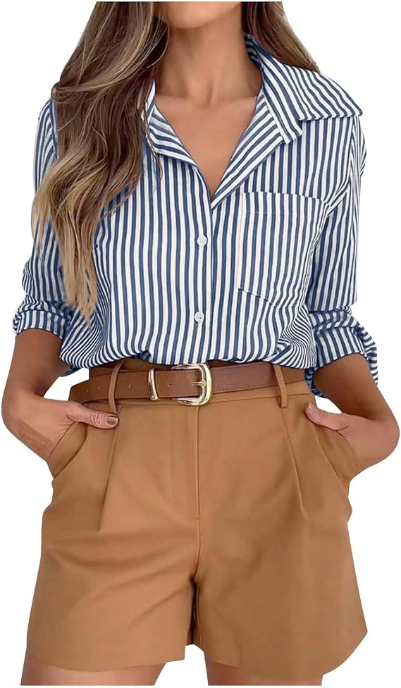 Women Business Casual Work Tops Striped Button Down Blouse Long Sleeve Collared Shirts Trendy Summer Outfits Clothes