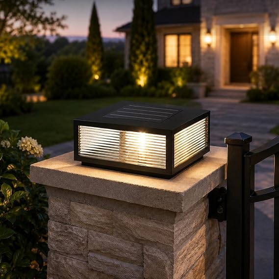 Solar Outdoor Post Light Luxury Modern Solar Outdoor Column Lights Fence Deck Post Cap Light with IP65 Waterproof Pillar Lights Outdoor for Flat Surface Patio Garden Column Cap Light