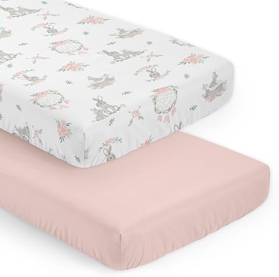 Sweet Jojo Designs 2-Piece Baby Bassinet Sheets Set (Woodland Bunny Floral) for Girls, Infant Newborn Nursery, Oval, Rectangle & Hourglass Mattress (Solid Pink & Shabby Chic, Boho, Watercolor, Flower)