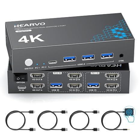 Hearvo HDMI KVM Switch 2 Monitors 2 Computers, USB 3.0,4K@60Hz KVM Switches Sharing of Dual Monitors Keyboard Mouse and Printer Between 2 Computers,with EDID,2 USB Cables and Controller -S7232H2