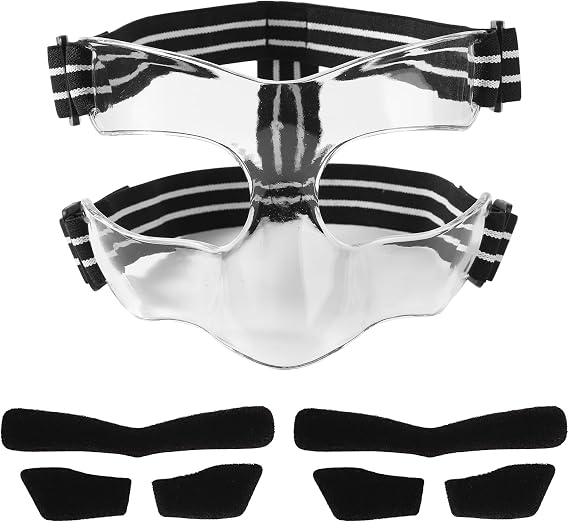 Nose Guard for Broken Nose, 5.9x3.74in White & Black Adjustable Face Shield with Pads Face Guard Sports Training Face Mask Nose Protector for Basketball Soccer Baseball