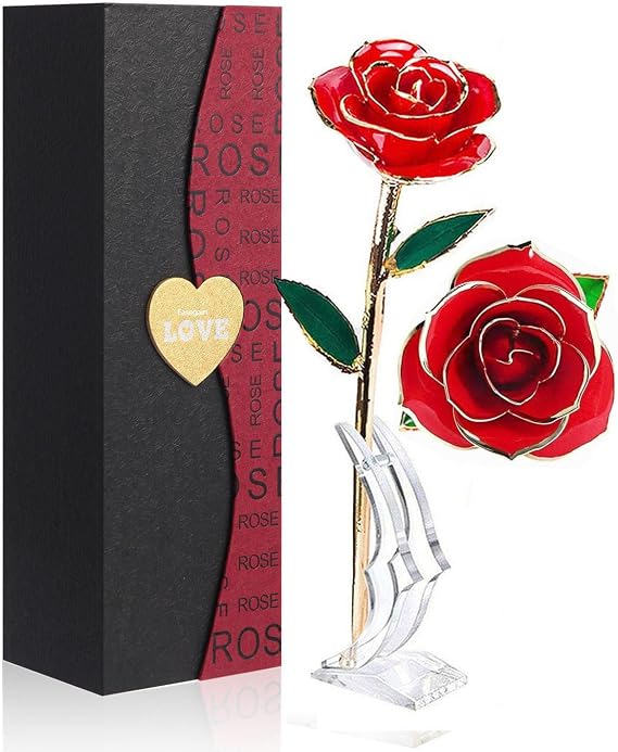 Gold Dipped Rose 24k Red Gold Plated Rose - Everlasting Long Stem Real Rose Exquisite Holder, Romantic Gift for Valentine's and Mother's Day, Gfts for Her Anniversary