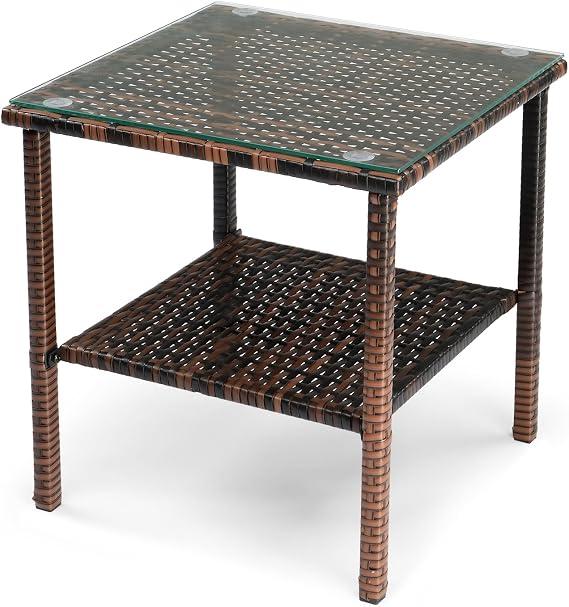 Square Rattan End Table with Tempered Glass Top & Double Shelf, Brown - for Patio, Garden, Balcony