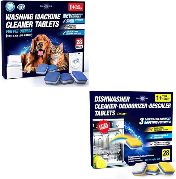 Washing Machine & Dishwasher Cleaner Tablets for Pet Owners - Front & Top Load Washer Deep Clean - Remove Pet Hair & Odors - Hard Water Descaler with Citric Acid - HE & Septic Safe - 28 Tabs - Lemon S