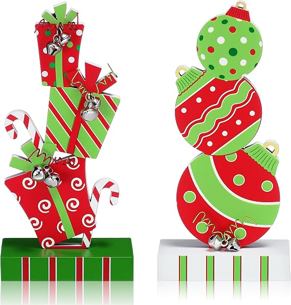 2 Pcs Christmas Table Decorations 5.9 Inch Wooden Xmas Centerpieces Red Green Gifts Box and Ball Ornaments Shape Christmas Signs Tabletop with Bells for Table Shelf Fireplace Holiday