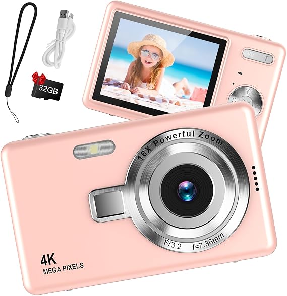 Digital Camera 1080P FHD Compact Camera 44MP Camera with 2.4 Inch LCD Screen 16X Digital Zoom Easy Vlogging Portable Digital Camera with 32GB SD Card for Children Teenagers Students Beginners (Rose)