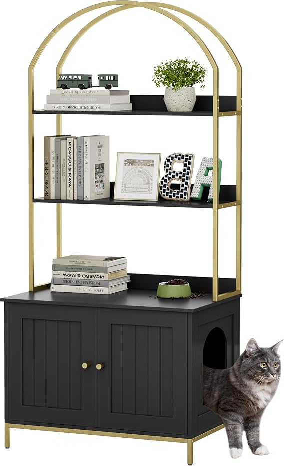 Homhedy Cat Litter Box Enclosure with 2-Tier Shelves, Black and Gold
