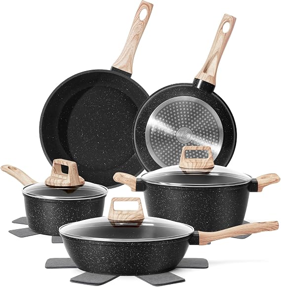 SODAY Pots and Pans Set Non Stick, 12Pcs Black Granite Induction Cookware