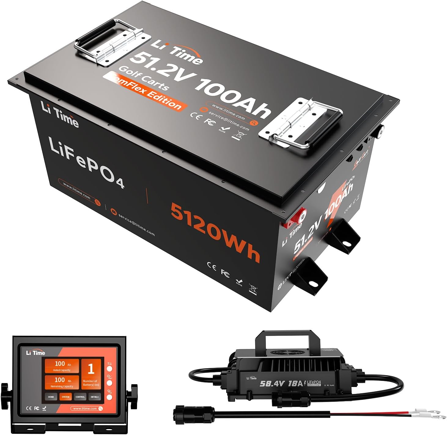 LiTime 48V 100Ah Lithium Golf Cart Battery, LiFePO4 Battery with 18A Lithium Battery Charger & Real-time monitor, Built-in Smart 200A BMS, Max 10.24kW Power Output, Perfect for Golf Carts