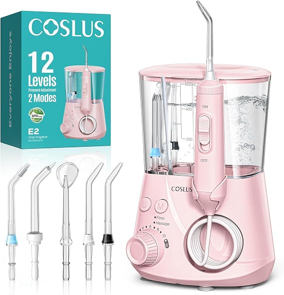 COSLUS E2 Advanced Water Dental Flosser, 2 Modes 12 Levels Pink 1Pcs